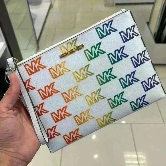 Michael kors XL zip clutch wristlet optic white multi Rainbow - Picture 1 of 8
